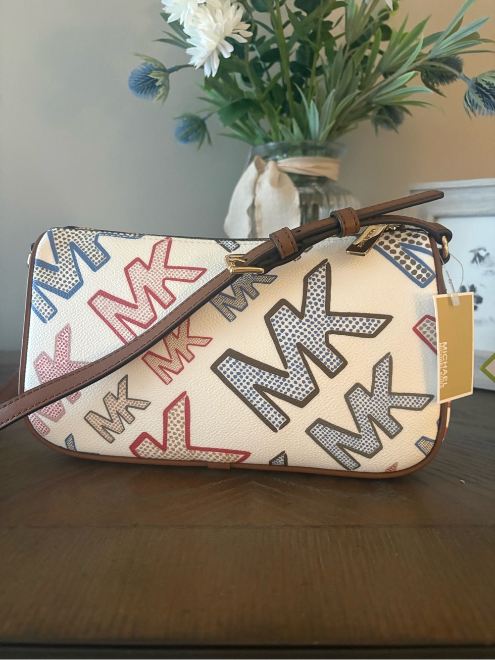 Michael Kors White Crossbody with Multicolor MK Logo Print